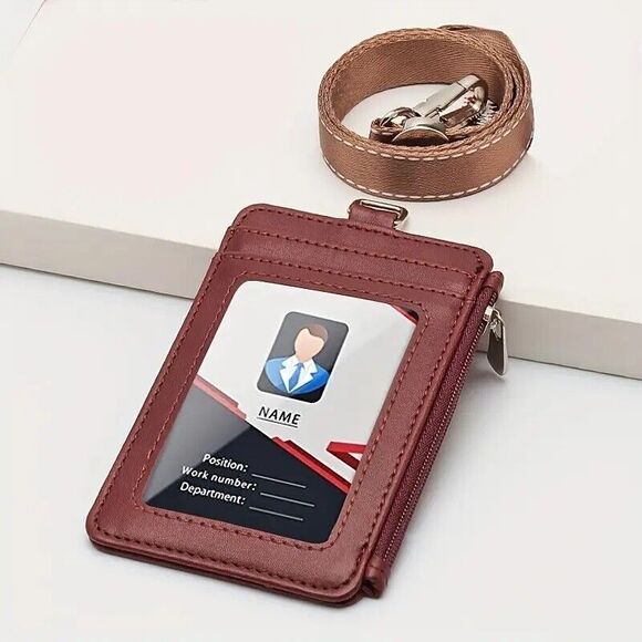 ID Badge Card Holder Faux Leather Vertical Clip Neck Lanyard Zippered Case NEW - Picture 1 of 3